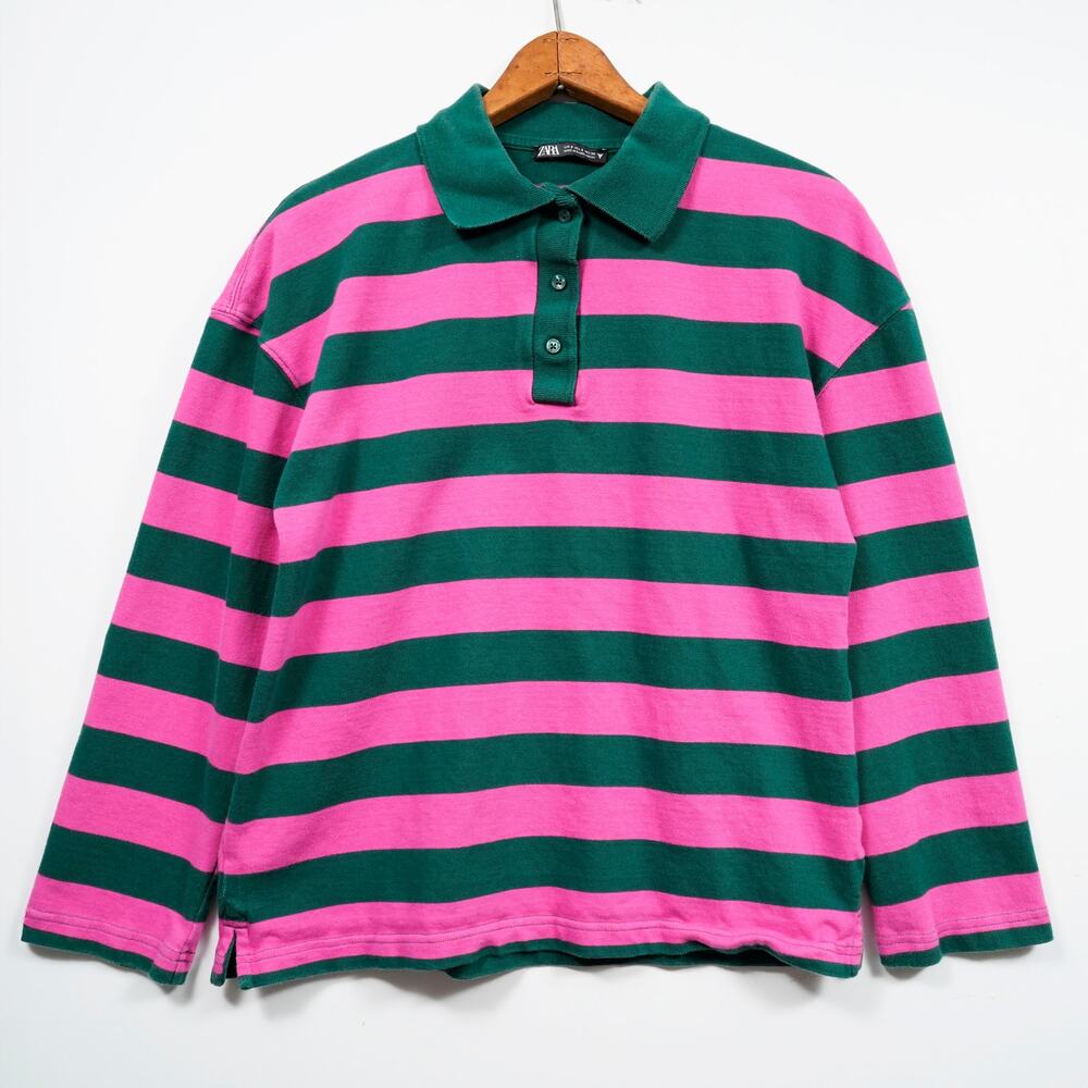 ZARA Striped Rugby Shirt Green Pink Long Sleeve Polo Size S Unisex